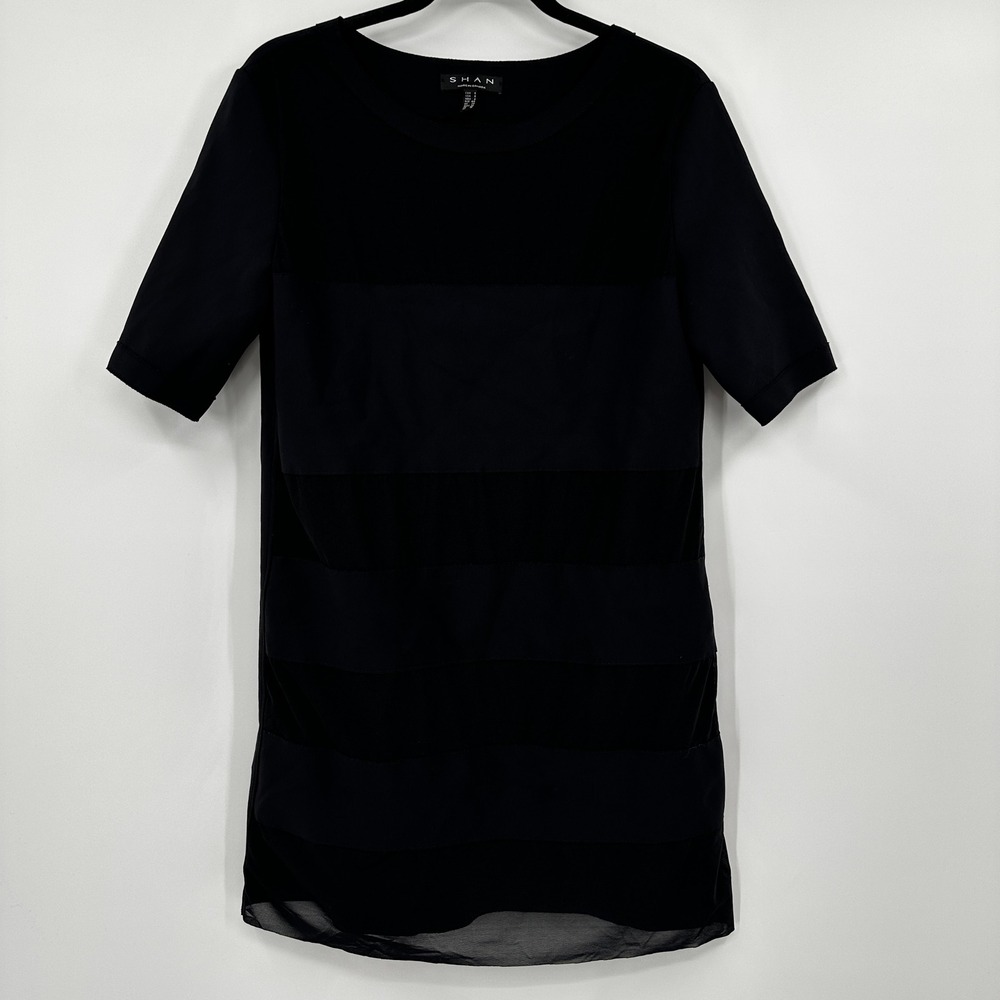 SHAN Black Sheer Stripe Short Sleeve Shift‎ Mini Dress Made in Canada Size 8